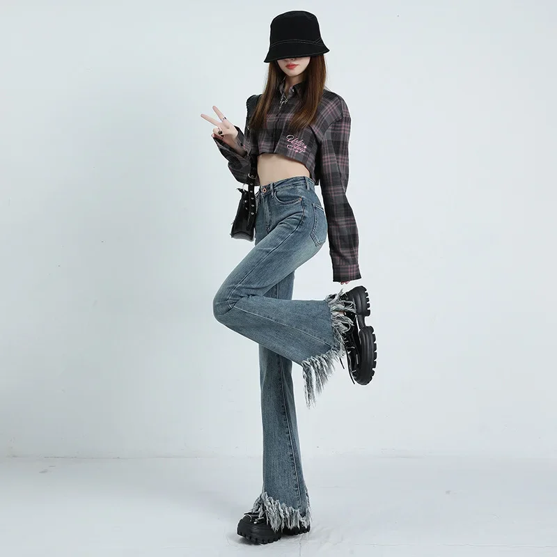 

High waist jeans sexy hot girls stretch slim design sense of raw edge retro jeans Bell-bottoms women's large pants