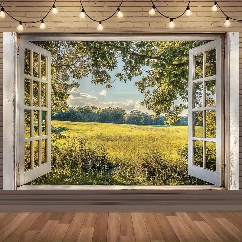 قطعة واحدة من ملصقات الحائط لمشهد النافذة الطبيعية الغامرة - تصميم نافذة مفتوحة واقعي مع الخضرة وأشعة الشمس