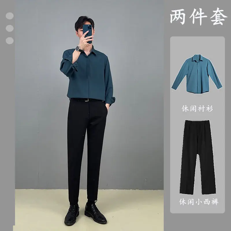 2-A15 Light and mature style INS temperament retro shirt boys yuppie two-piece set drape no-iron long-sleeved shirt casual suit