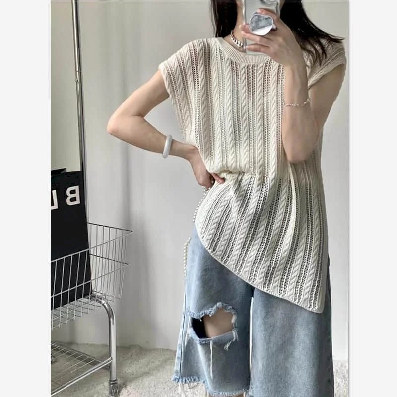 

T-shirts for Women Solid Knitted Gothic O-neck Sunscreen Tops Oversized Casual Korean Style Smock Short Sleeve Summer Clothes