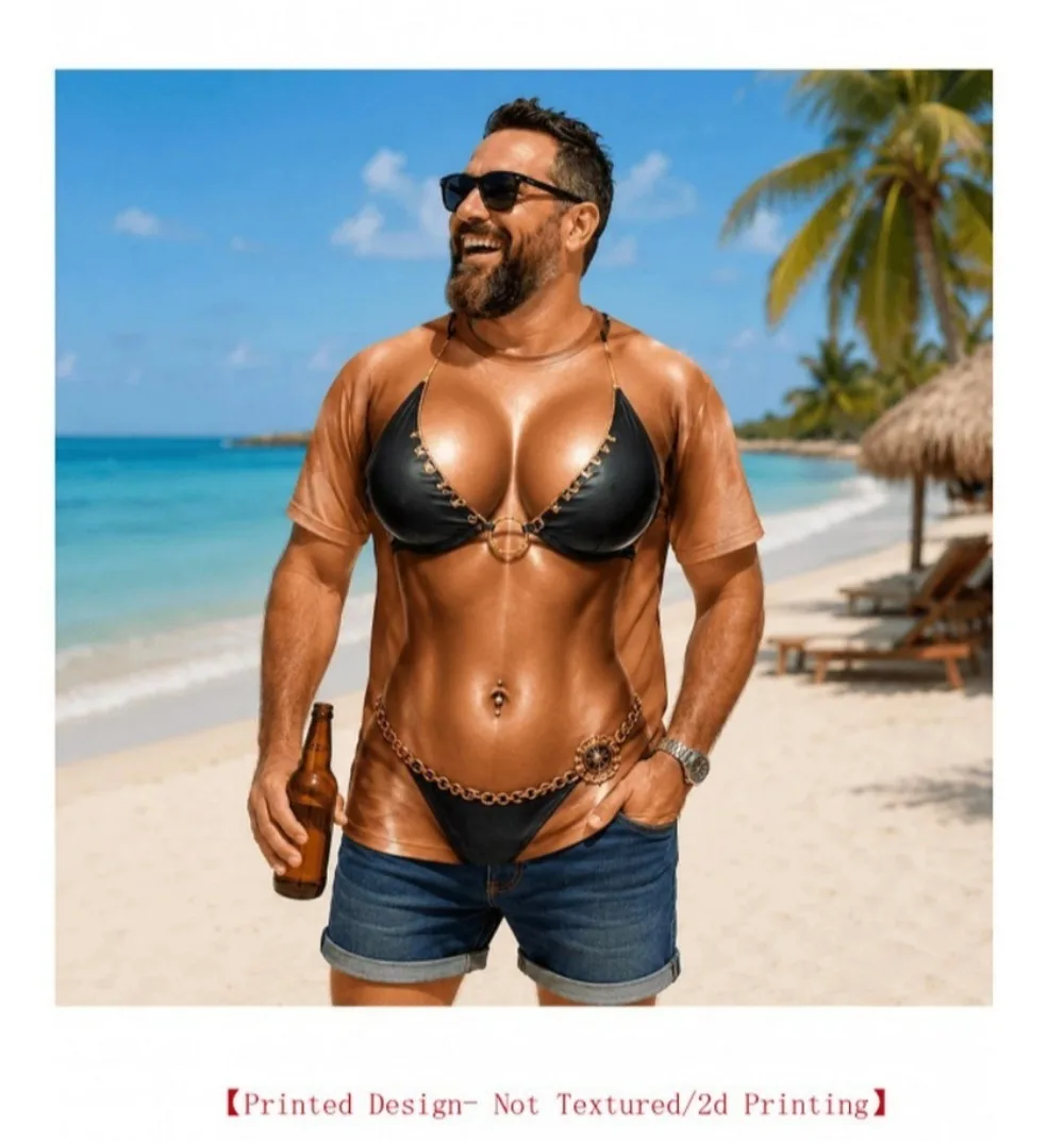 Visual Fake Bikini Pattern Breathable Leisure Quick-drying 3D Printed Men T-shirt Outdoor Harajuku Street Sports Party Clothing
