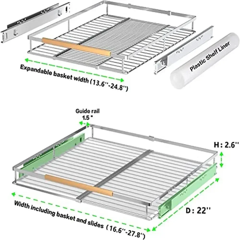 Sliding Basket Pull-Out Cabinet Organizer Set Heavy Duty Pantry Storage Shelves Kitchen Under Sink Expandable Stainless