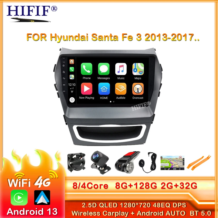 Android 13 Car Radio for Hyundai Santa Fe 3 2013-2017 RDS DSP 4G ENT WIFI Auto Audio 2 Din IPS 4G+64G Navigation GPS Head Unit