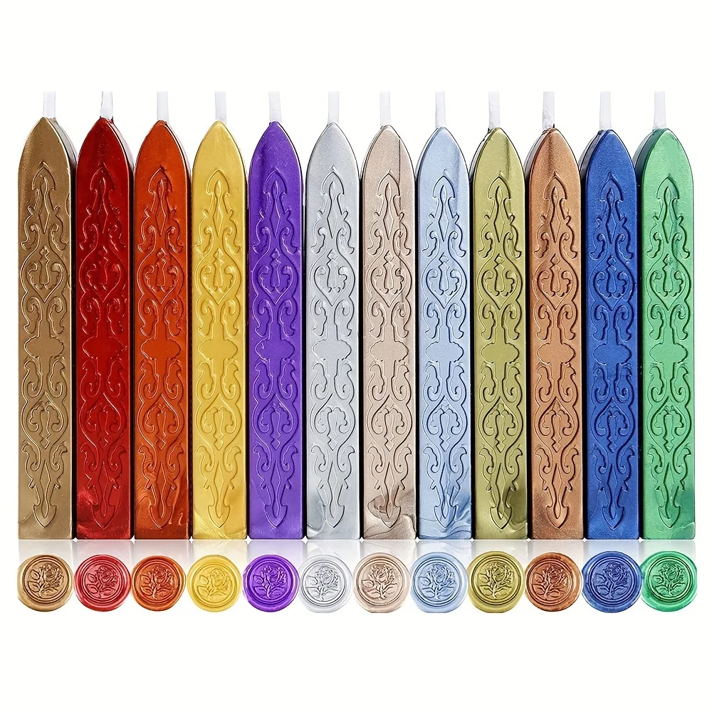 12pcs/bag Metallic Mixed Color Sealing Wax Sticks with Wicks for Wax Seal Stamp,for Wedding Invitations, Letter Envelopes