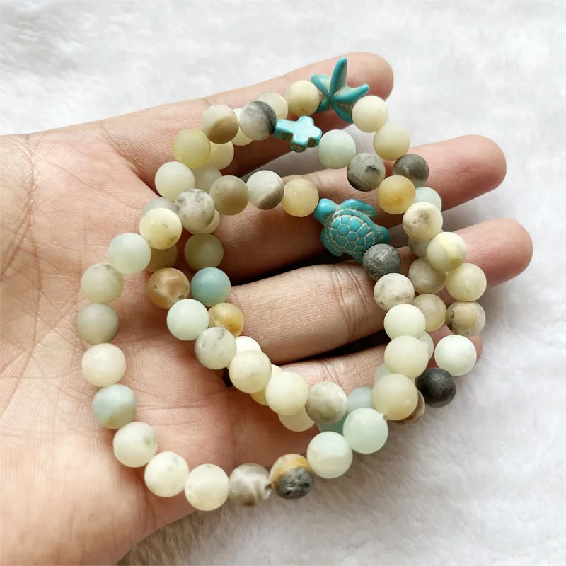 1Pc Cross Starfish Turtle Matte Amazonite Natural Stone Bracelet Sea Tortoise Elastic Lovers Stretch Friendship Relationship