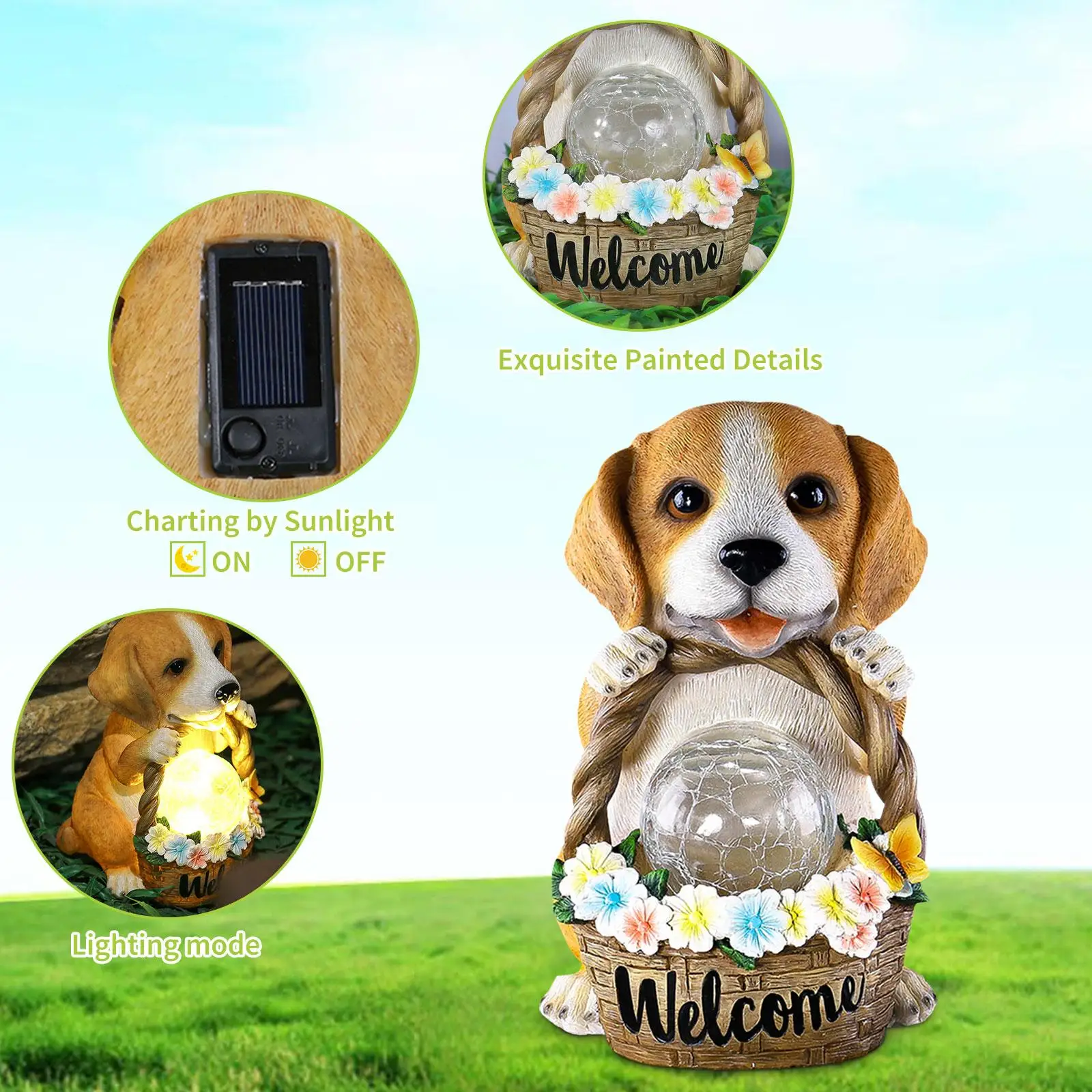 Solar Puppy Statue Light Cute Dog Garden Lamp Waterproof Puppy Garden Sculpture Creative for Home Patio Yard Lawn