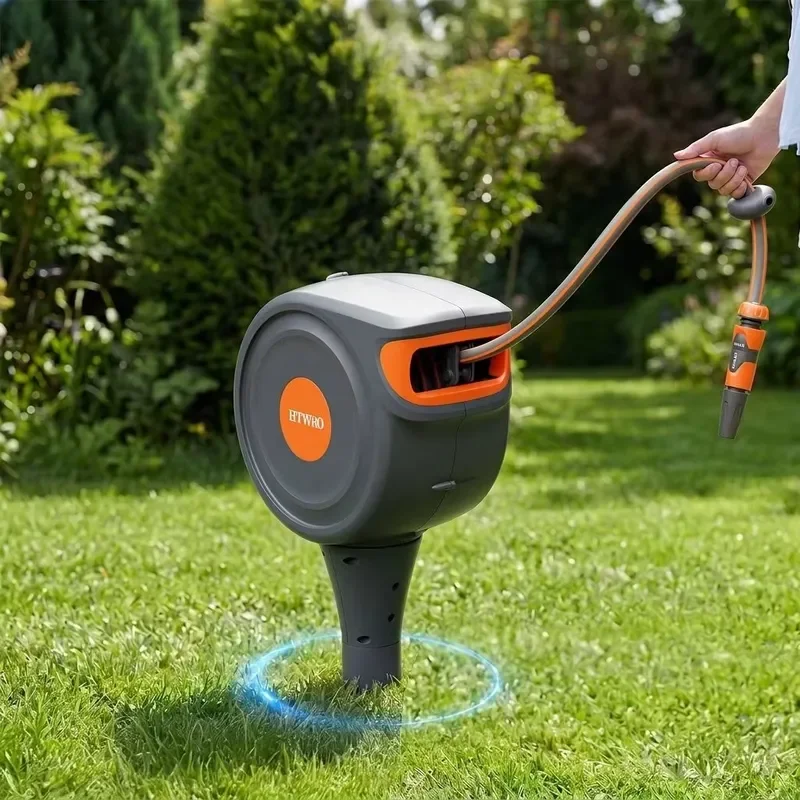 Automatic Retractable Garden Hose Reels Ground Spike Wall Mount Auto Rewind Water Hose with Spray Nozzle Heavy Outdoor