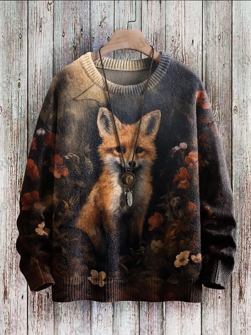 PLstar Cosmos Retro Dragon & Deer Art Pattern 3D Printed Mens Knitted Pullover Winter Unisex Casual Knit Pullover Sweater