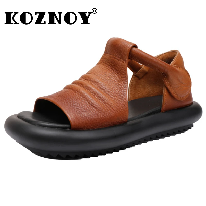 

Koznoy 4cm 2024 Ethnic Soft Flats Summer Hook Loafer Suede Peep Toe Cow Genuine Leather Comfy Women Oxfords Ladies Leisure Shoes