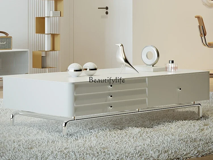 Rock slab light luxury coffee table storage high foot cream wind Nordic modern simplicity