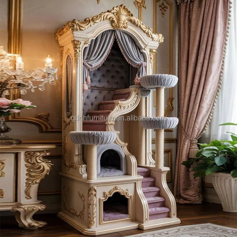 French Luxury High-End Pet Villa Customized Solid Wood Carved Cat Nest Traditional Style Soft Bed European High-End Cat Mansion