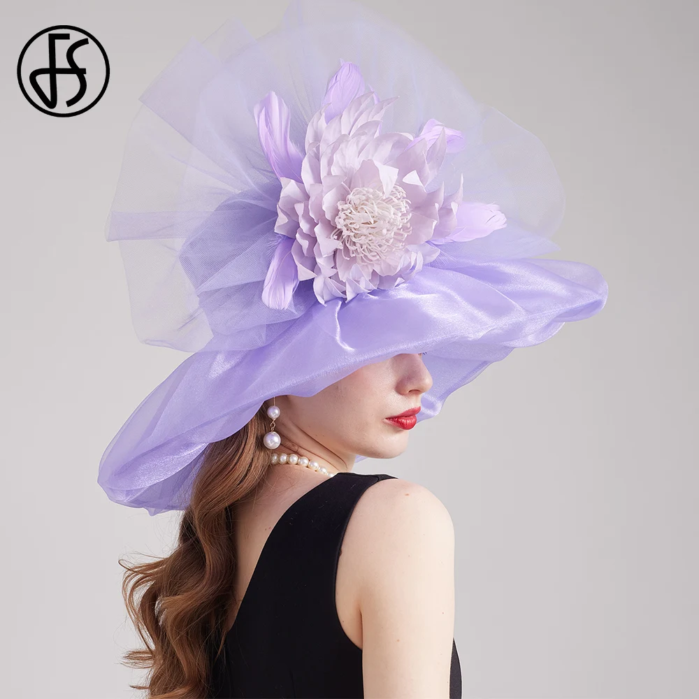 FS 2024 Female Kentucky Derby Hats For Women Organza Sun Sombrero With Mesh Flower Wedding Bride Church Cocktail Party Fedora