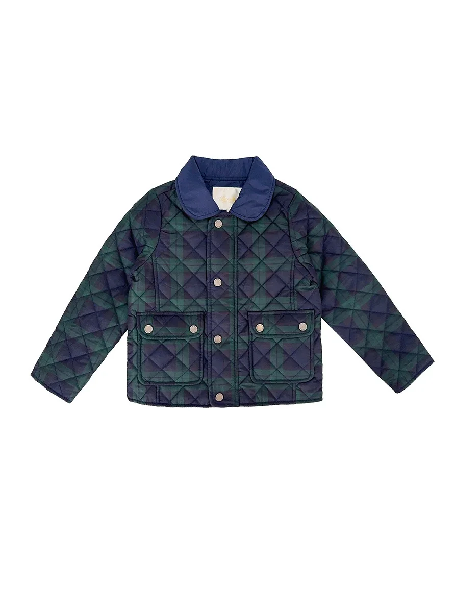 Girl's Warm Cotton Jacket 2026 Autumn Green Checkered Collar Fashionable Children's Pure Cotton Cute And Cozy Jacket