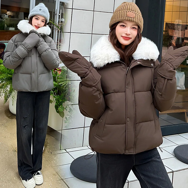 Women Short Parkas Coats Oversize Jacket Gloves Solid Drawstring Hem Big Fur Collar Zipper Looose Thick Office Lady Winter 2025