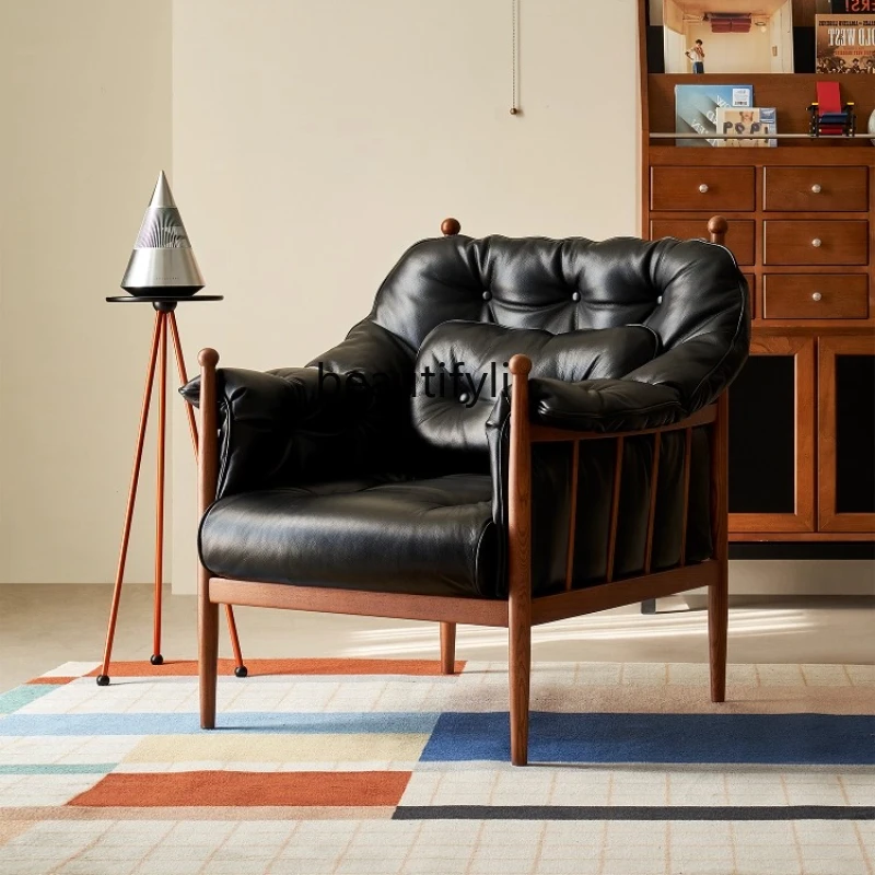 

Genuine Leather Leisure Chair French Retro Solid Wood Single Sofa for Home Living Room Designer