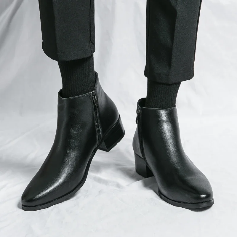 Klassische schwarze Leder-Stiefeletten für Herren und Damen im britischen Stil, Chelsea-Stiefel mit spitzer Zehenpartie, bequeme High-Top-Schuhe – Detail 13
