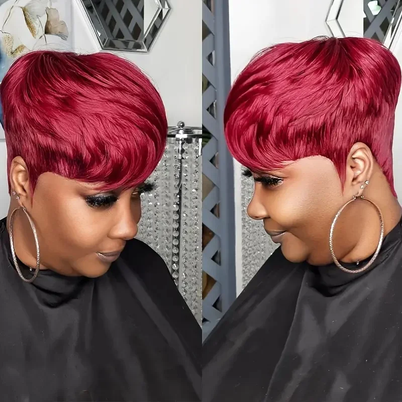 짧은 보브 가발 버건디 인모 여성용 앞머리가 있는 전체 기계식 가발