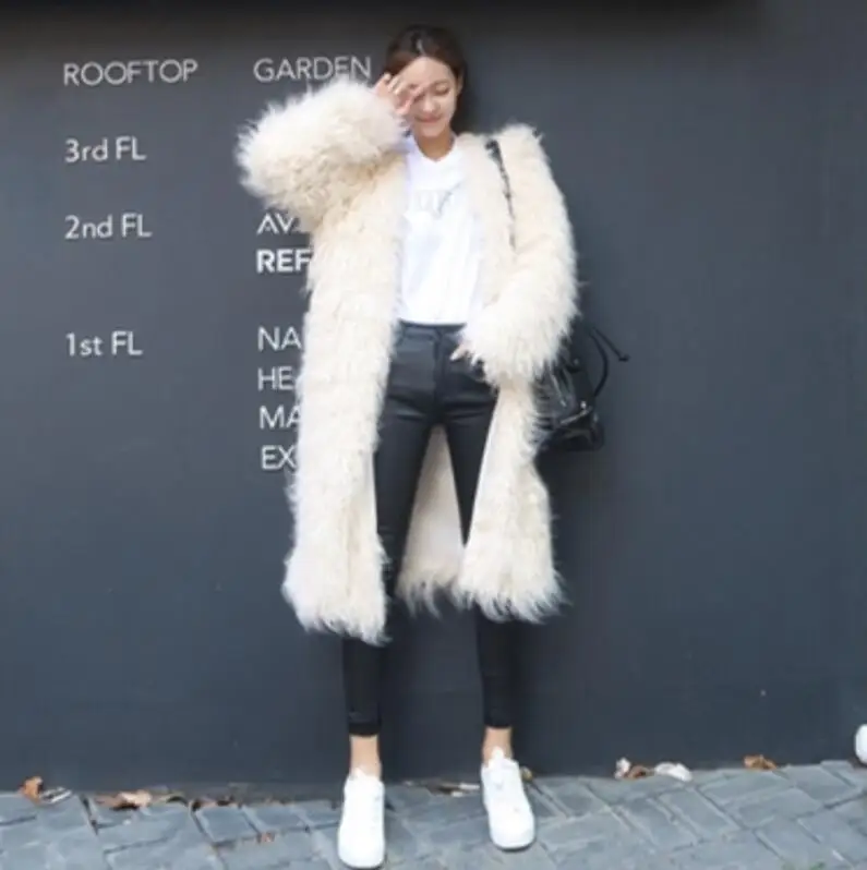 New Fashion Fur Long Coat  Lace V-neck Faux Wool Jacket White Sweet Niche Design Women's Clothing Fast Shipping