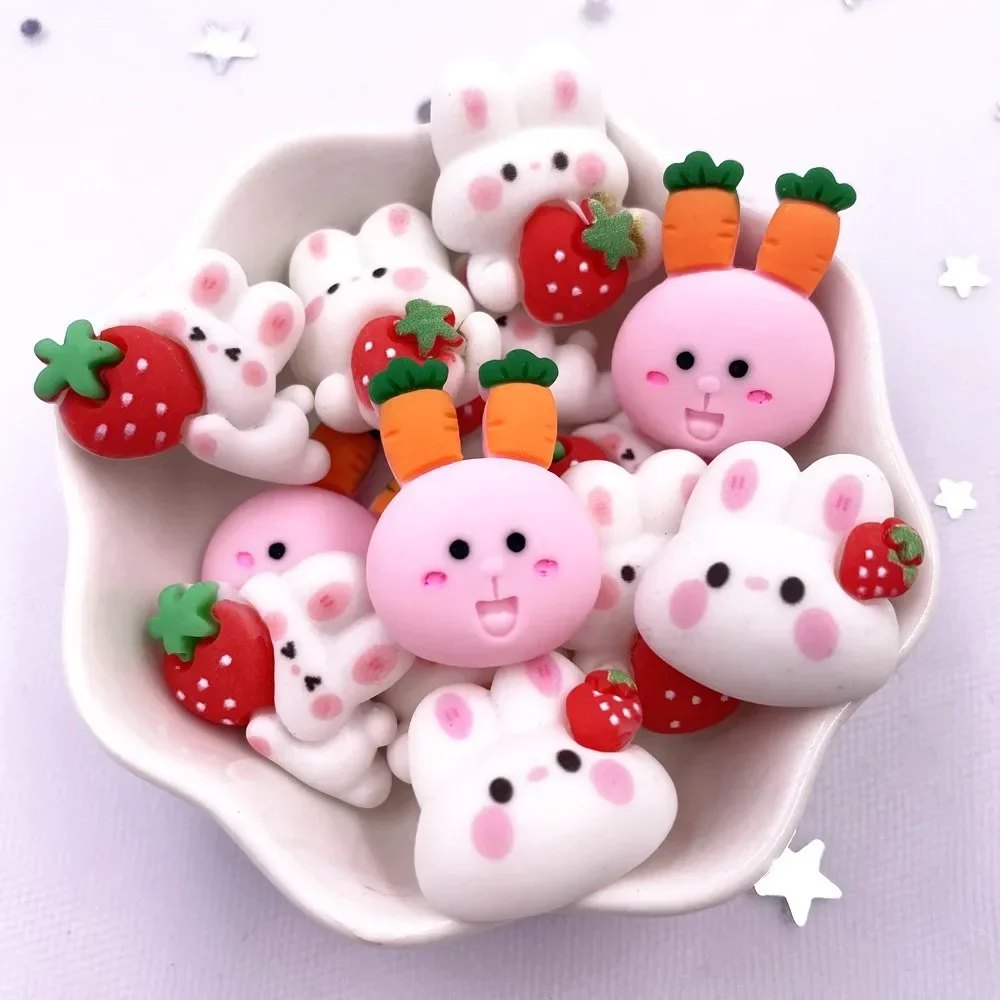 10PCS Resin Kawaii Cartoon Colorful Radish Strawberry Rabbit Flat back Stone Figurines Scrapbook DIY Bow Decor Accessorie Crafts