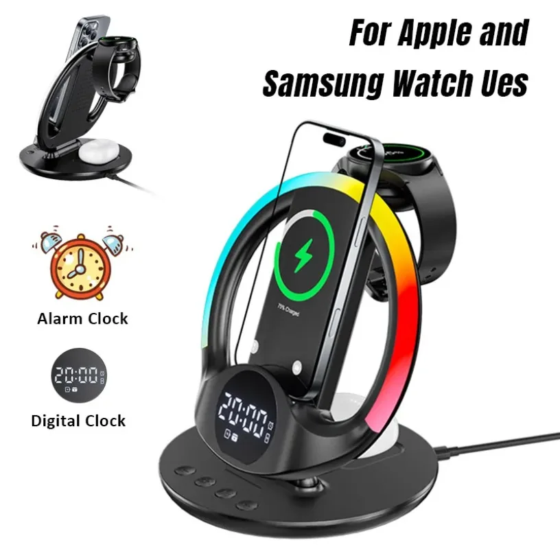 

5-in-1 Wireless Charger with RGB Light & Alarm Clock For iphone 16 15 14 13 12 Samsung iWatch/Galaxy Watch, AirPods/Buds