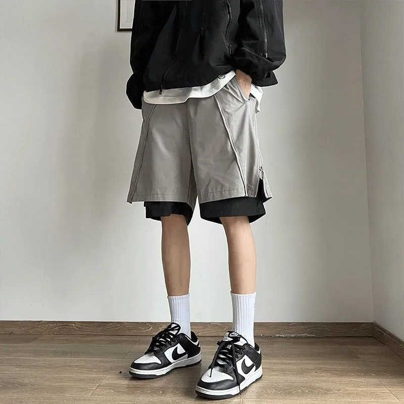 American Style Fake Two-piece Casual Shorts Men Summer New Zipper Color Collision Knee-length Versatile Fashion Short Pants Male