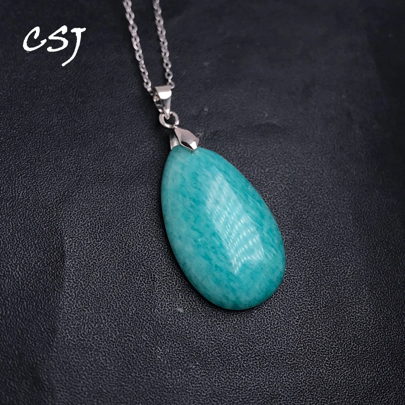 Trendy Natural Amazonite Pendant Solid 925 Silver Long Gemstone Water Drop 18*30mm for Women Birthday Party Necklace Jewelry