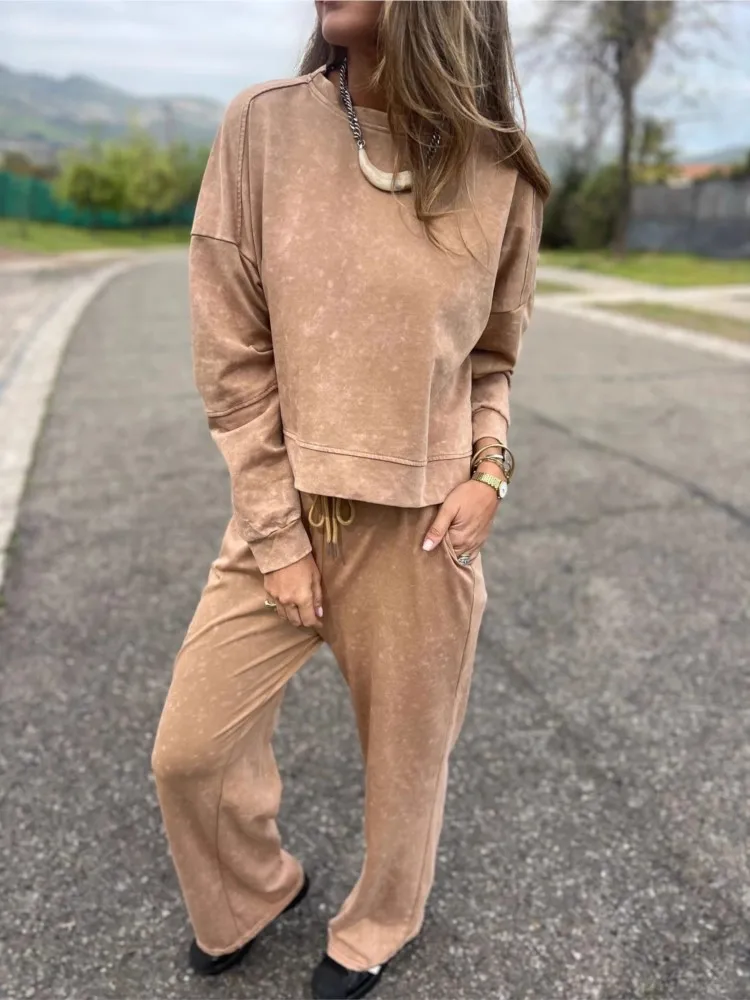 

Solid Color O-neck Hoodie Two-piece Set Fashion Loose Long-sleeved Pullover Straight-leg Pants Suit Autumn Winter Ladies Outfit
