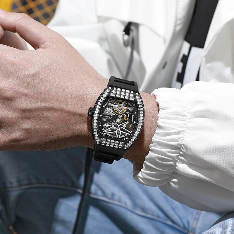    ساعات ميكانيكية أوتوماتيكية بمينا حجر الراين من Dulunwe للرجال ساعة توربيون فاخرة للرجال مقاومة للماء بحزام مطاطي