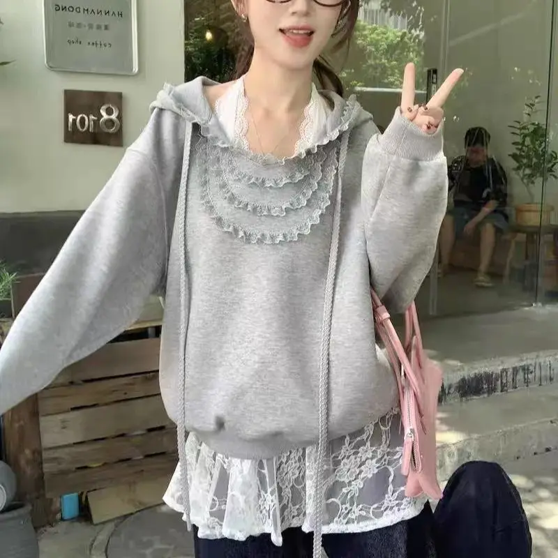 

Retro Lace Hooded Fungus Lace Sweater Women Spring Autumn New Design Casual Versatile Loose Pullover Top