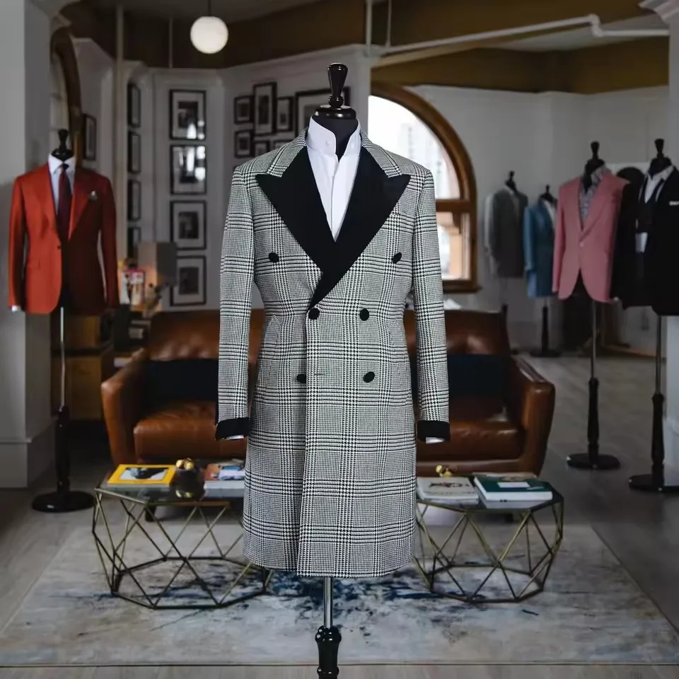 

Houndstooth Mens Long Overcoat Business Woolen Peaked Lapel Blazer Plaid Wedding Tuxedos One Piece Double Breasted Groom Outwear