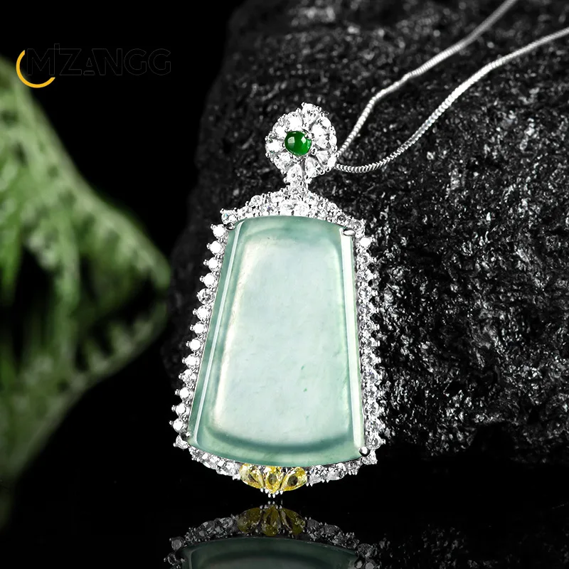 High-grade S925 Silver Inset Natural Jadeite Blue Water Ping An Brand Pendant Exquisite Ice Kind Men and Women's Jade Necklace