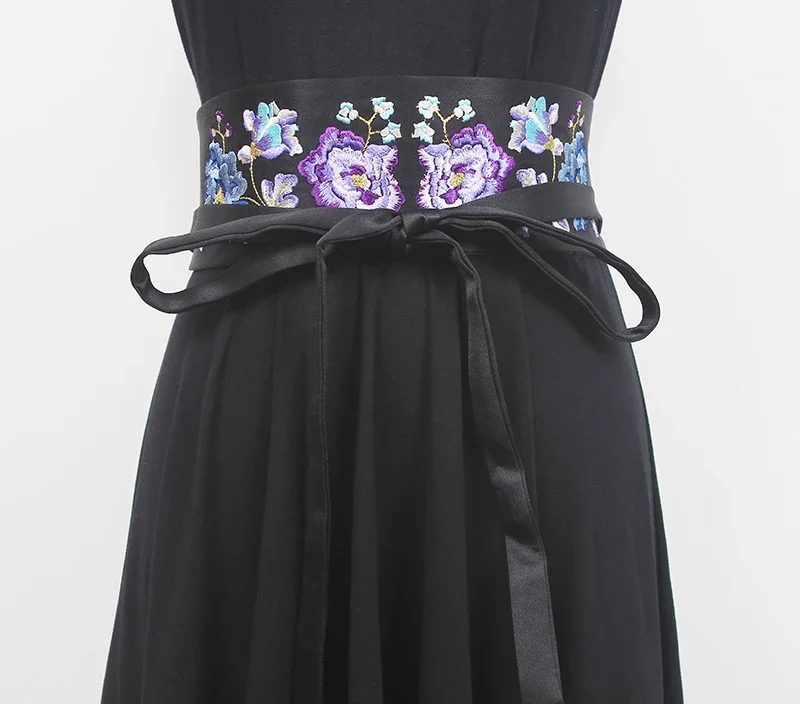 

Women's Runway Fashion Flower Embroidery Satin Cummerbunds Female Dress Corsets Waistband Belts Decoration Wide Belt R1056