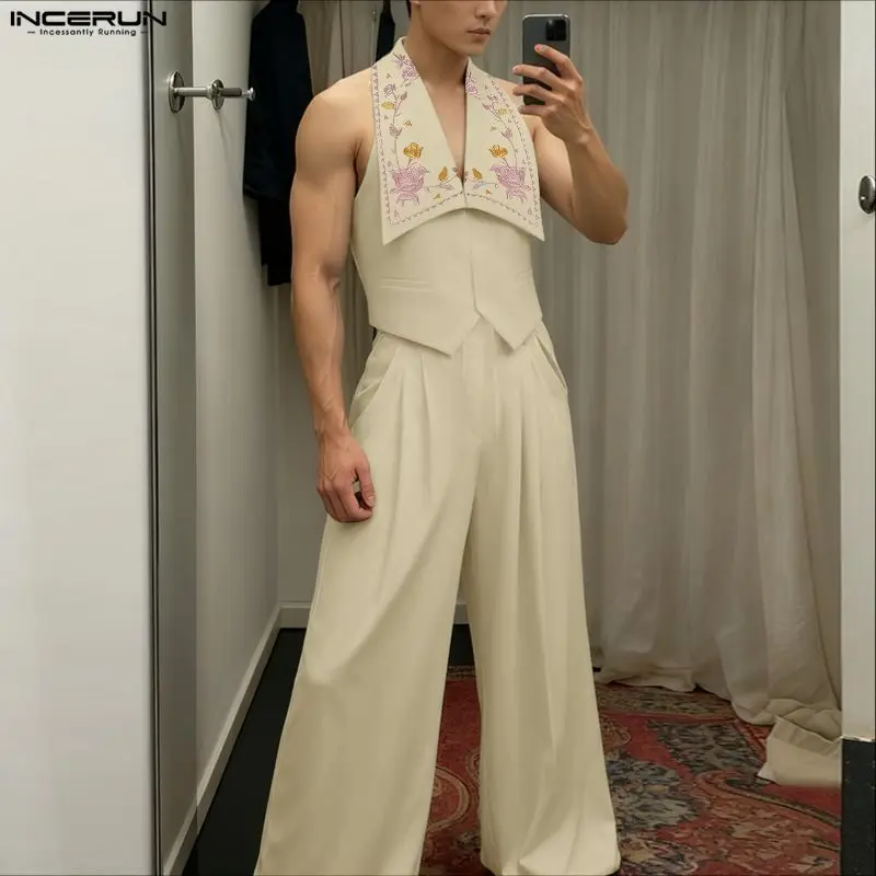 INCERUN Men Sets Flower Embroidery Lapel Sleeveless Crop Vests & Pants Two Pieces Sets Streetwear Fashion Men Casual Suits S-5XL