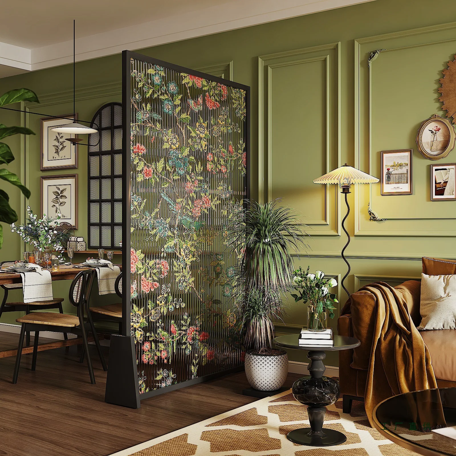 The screen partition is facing the door of the living room, and  glass printing pattern is moved