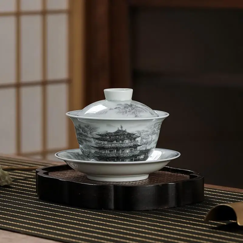 

Four Famous Buildings Tureen Single Antique Ceramics Tea Cup Ink Color Blue and White Brewing Bowl Kombucha Tengwang Pavilion