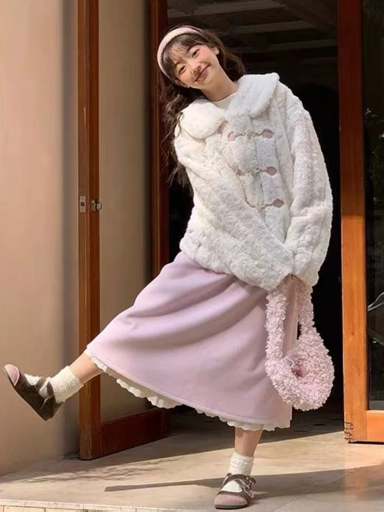 

Pink Midi Skirts Women Leisure All-match Japan Style Students Sweet Winter Bottoms Y2k Simple High Waist Harajuku Plush Coat