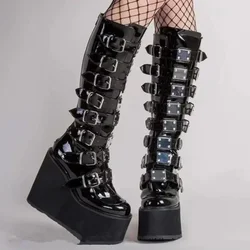 Punk Frauen Stiefel Cosplay Damen High Heel Plattform Keile Frauen Hohe Stiefel Gothic Schnalle Lange Röhre Leder Weibliche Stiefel