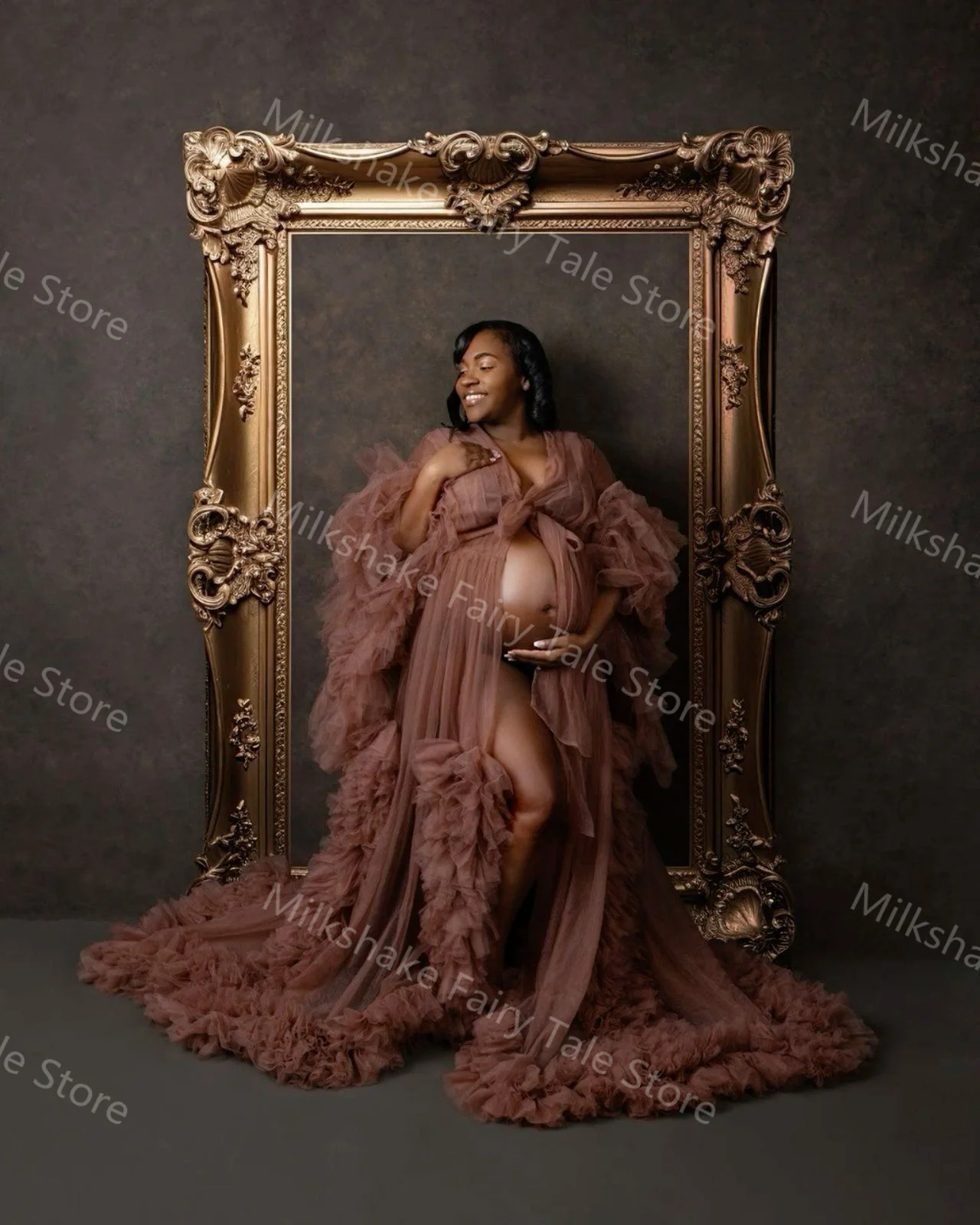 Vintage Brown Maternity Robes for Photography Tiered Ruffles Tulle Pregnant Women Dresses A Line Sweep Train Babyshower Gowns