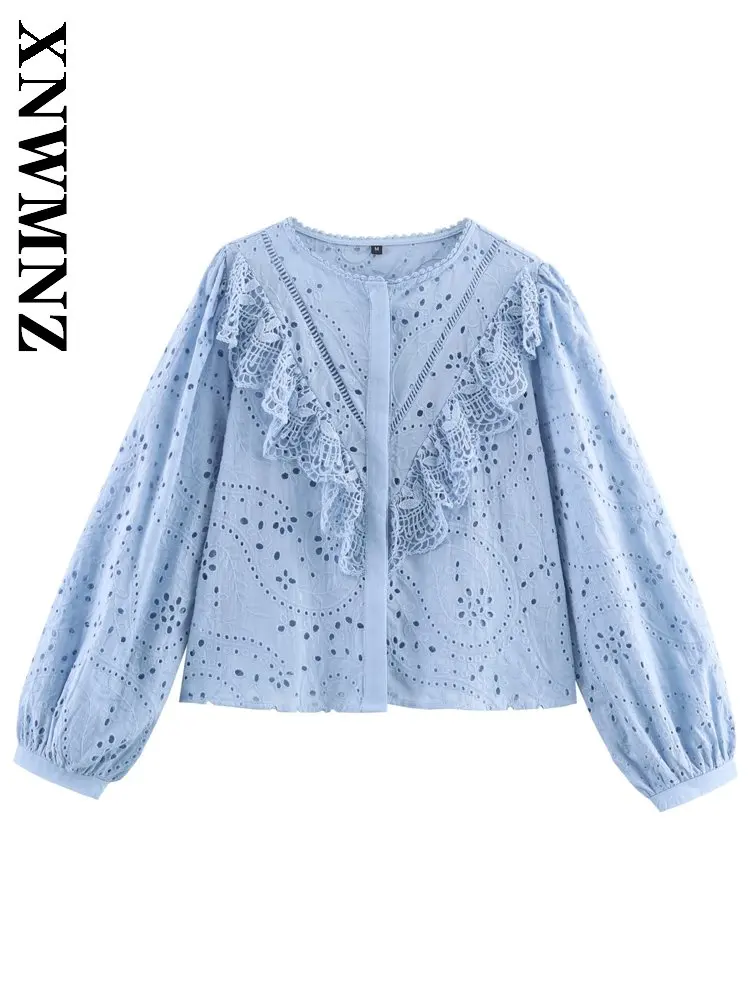

XNWMNZ 2025 Autumn New Lady Fashion Versatile Long Sleeve Shirt Casual Vintage Spring Woman Blue O-Collar embroidery Windproof