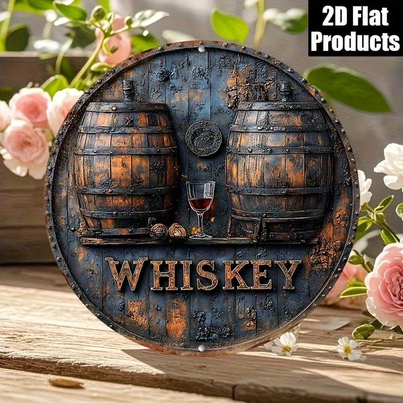 2D Retro Whisky Barrel Pattern Round Wooden Sign Home Bar Club Party Decoration Hanging Ornament Photo Props Gifts