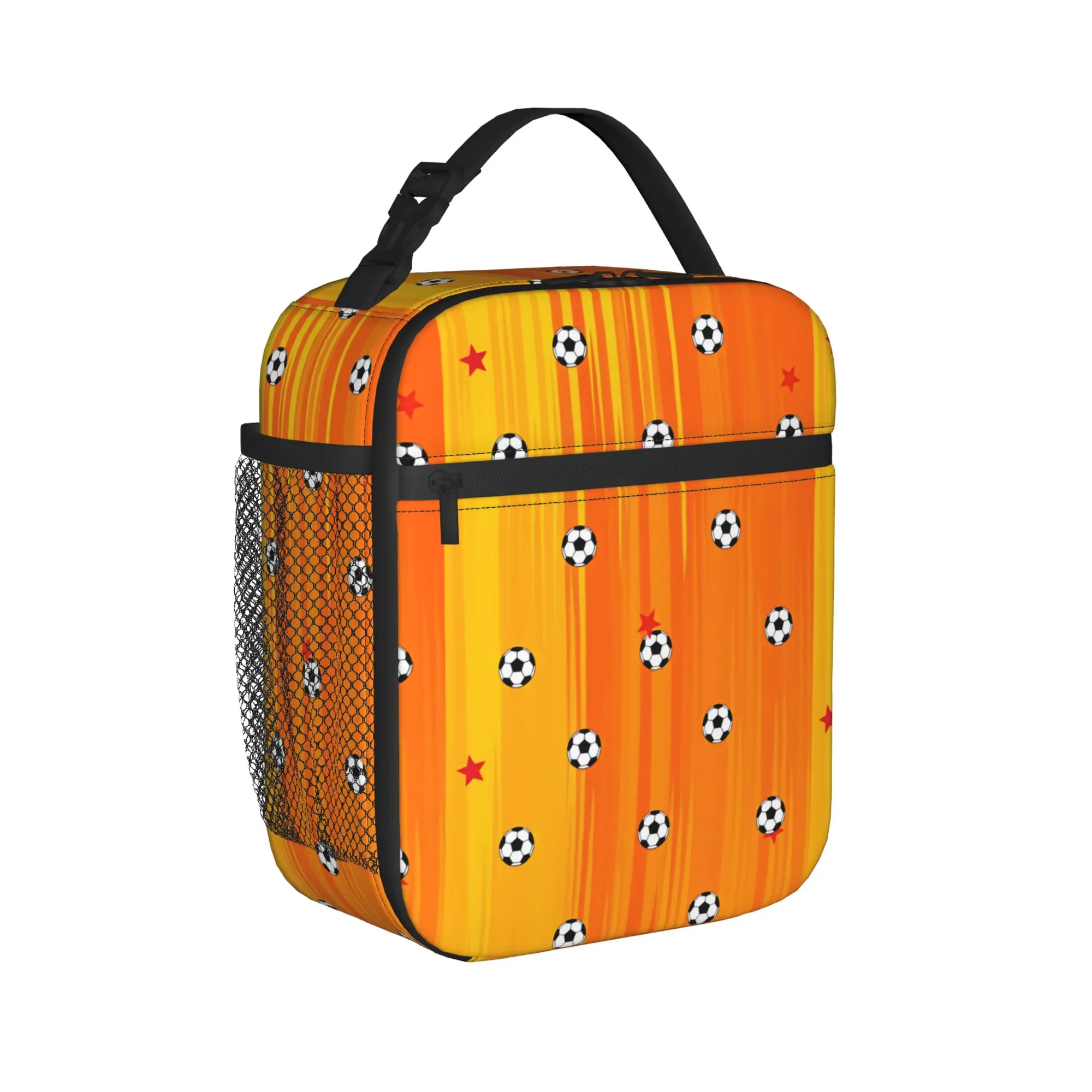Orange Stripe Soccer And Star Background Lunch Bag Fun Lunch Box Picnic Portable Tote Food Bags For Child Oxford Cooler Bag