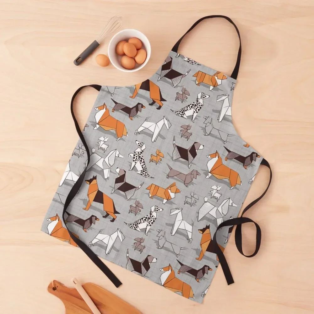 Origami doggie friends // grey linen texture background Apron Things For Home And Kitchen waterproof for women Art Apron