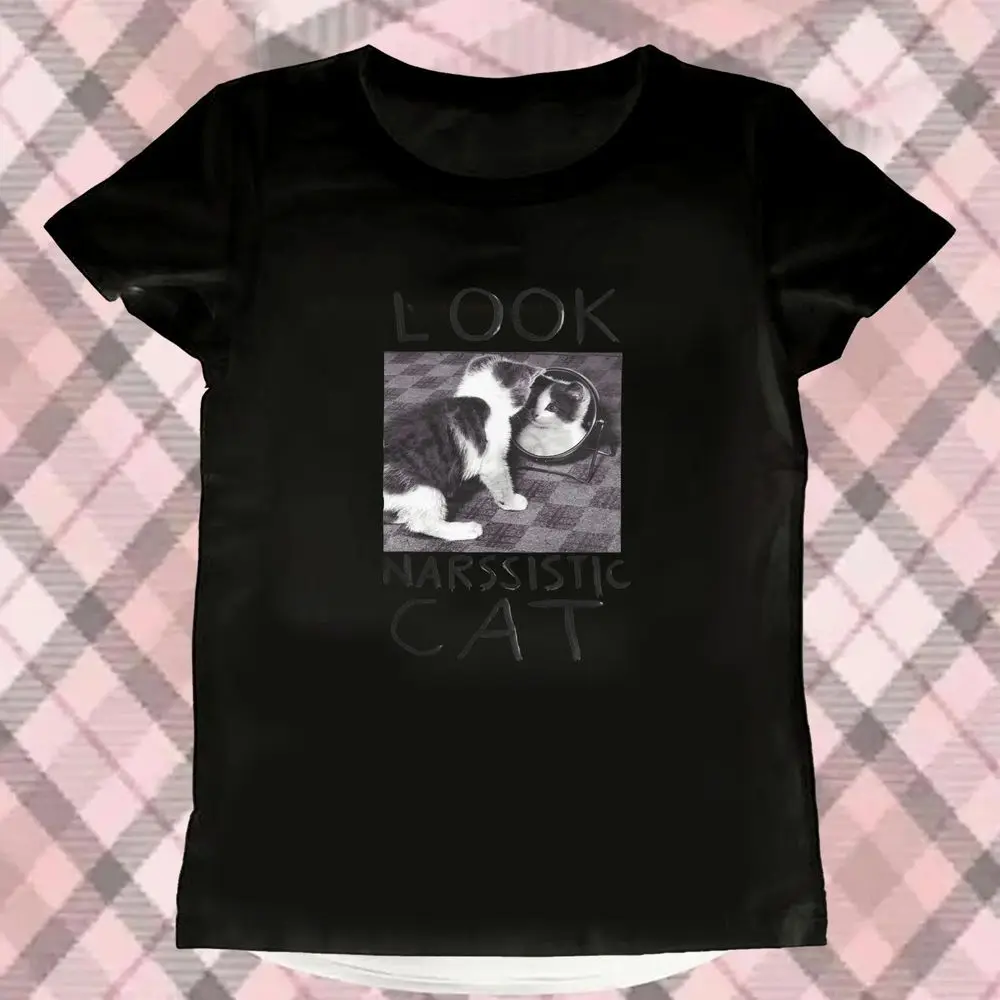 Funny Narcissistic Cat Meme Graphic T-Shirt Women Summer Short Sleeve Mirror Kitten Print Vintage Tee Female Casual Fashion Tops