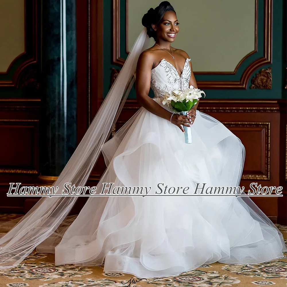 Sexy Ruffles Wedding Dress Custom Bride Dresses V Neck Sleeveless Crystals Backless Sweep Train Africa Bridal Gown Robe Mariage