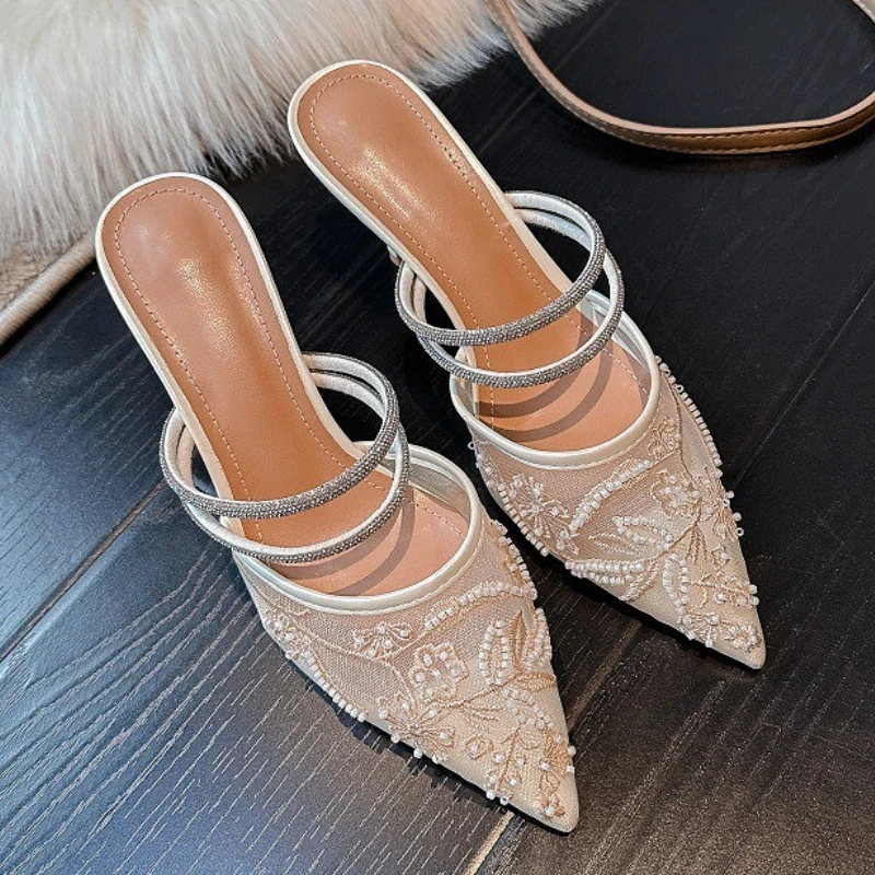 

Сексуальные сетчатые туфли на высоком каблуке с бусинами, женская элегантная обувь со стразами и вышивкой, свадебные банкетные туфли, брендовые сандалии для женщин Tacones