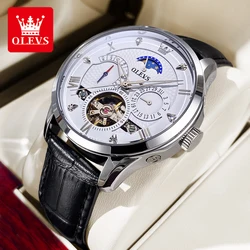 OLEVS 6652 Flywheel Skeleton Automatic Watch for Men Leather Strap Multifunctional Waterproof Luminous Moon Phase Men's Watches