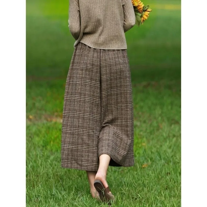 Autumn Winter Simplicity Office Lady Plaid High Waist Wide Leg Women Fashion Loose Straight Casual All-match Trend Cropped Pants