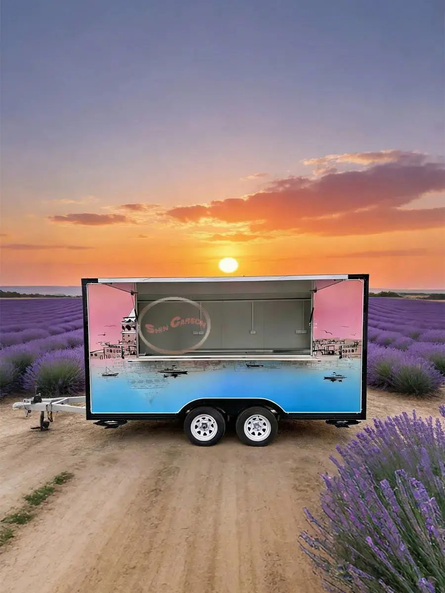 

Outdoor Food Trailer Dual-Wheel Towable Pink-To-Blue Gradient Foldable Service Window Convenient for Outdoor Operations