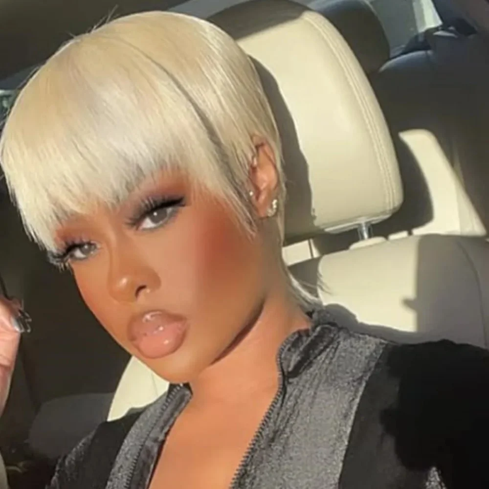 인간의 머리 픽시 컷 여성용 전체 기계 제작 가발 픽시 컷 스트레이트 짧은 밥 가발