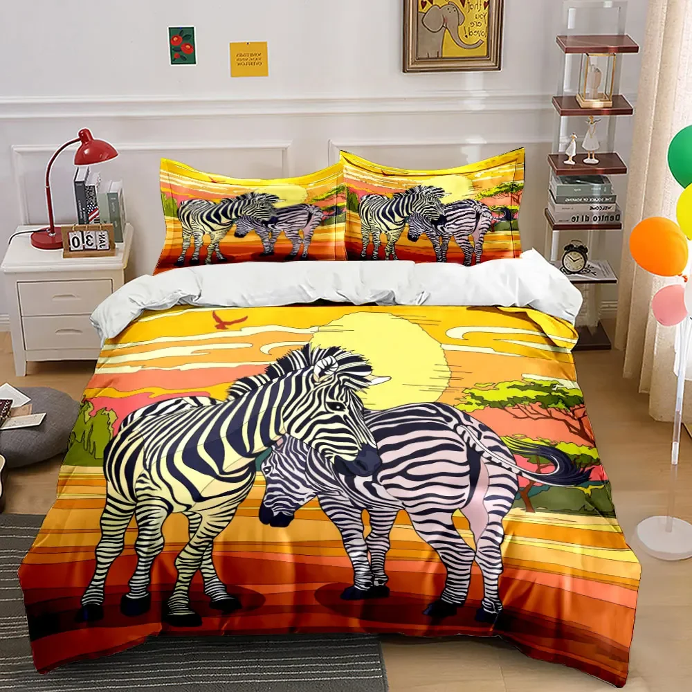 3Pcs African Savanna Bedding Set, Two Zebras at Sunset Cartoon Art Print Duvet Cover, Bright Safari Style